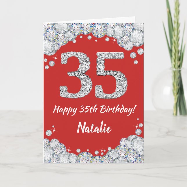 Lycklig 35e Birthday Red and Silver Glitter Card Kort (Framsida)