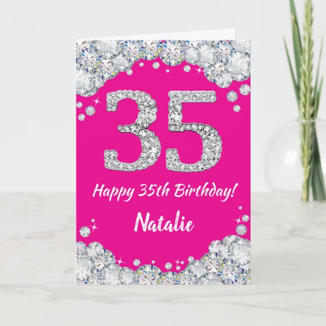 Lycklig 35e Birthday Shock rosa och Silver Glitter Kort (Framsida)