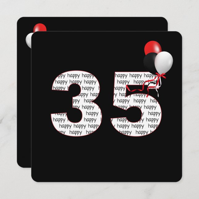 Lycklig 35ens födelsedag på svart inbjudan (Fram/baksida)