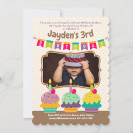 Lycklig 3:e födelsedag Färga Muffinsar Bunting Pho Inbjudningar