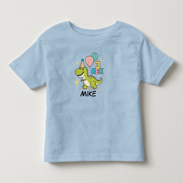Lycklig 3:e födelsedag Grönt Dino med ballonger T Shirt (Framsida)