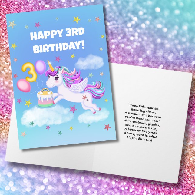 Lycklig 3:e födelsedag Unicorn med födelsedagskaka Kort (Skapare uppladdad)