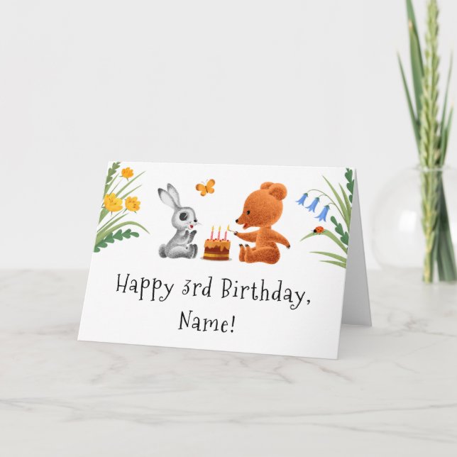 Lycklig 3:e födelsedagen Nalle Bunny Cake Candles Kort (Framsida)