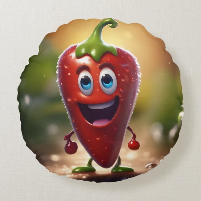 Lycklig 3D Animerad Chili Bean Rund Kudde (Framsidan)