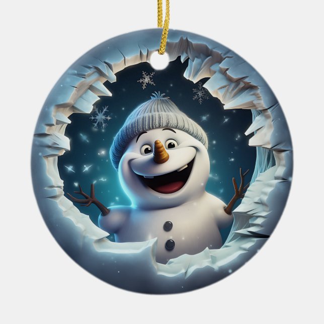 Lycklig 3d Snögubbe Julgransprydnad Keramik (Framsidan)