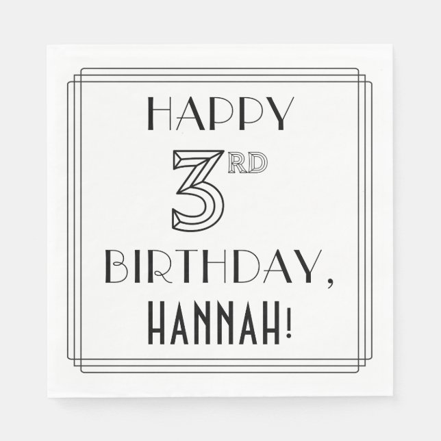 LYCKLIG 3RD BIRTHDAY; Art Deco Stil; anpassat namn Pappersservett (Framsidan)