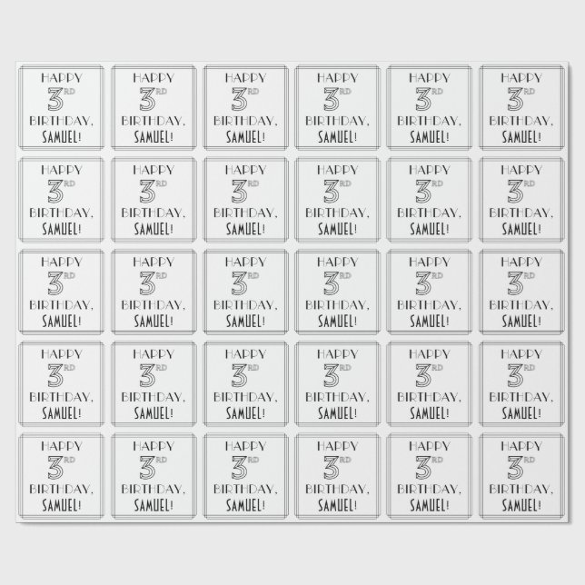 LYCKLIG 3RD BIRTHDAY; Art Deco Stil; anpassat namn Presentpapper (Platt)