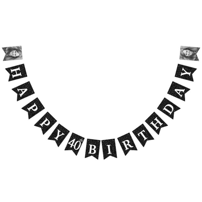 Lycklig 40:e födelsedag Foto Black Glitter Vimplar (Alla)
