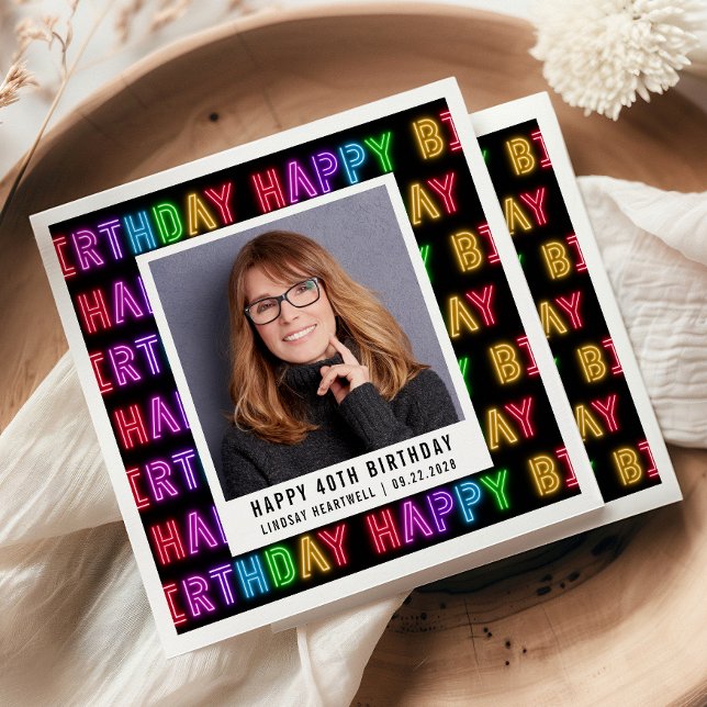 Lycklig 40: e födelsedag Foto Rainbow Neon Pappersservett (Skapare uppladdad)