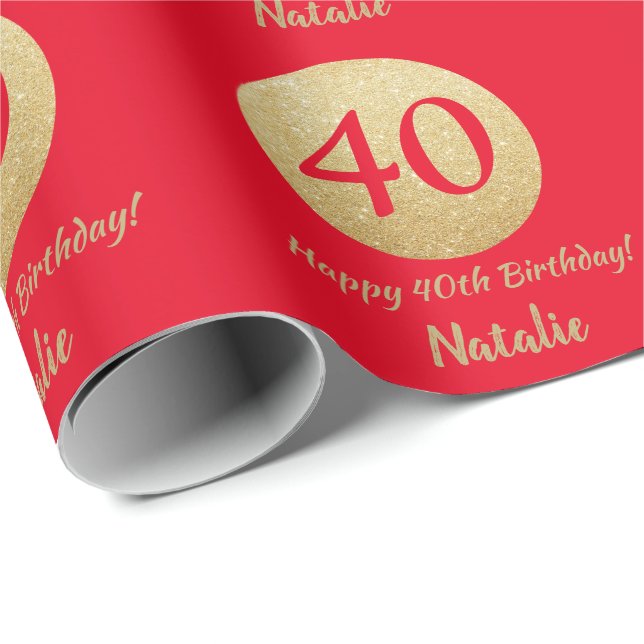 Lycklig 40:e födelsedag Röd och Guld Glitter Presentpapper (Rullad Hörn)