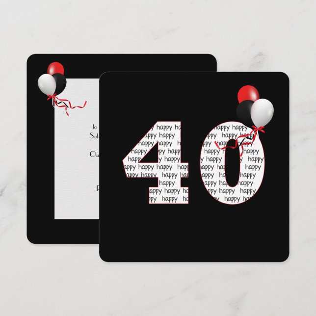 Lycklig 40:e födelsedagen den svarta inbjudan (Fram/baksida)