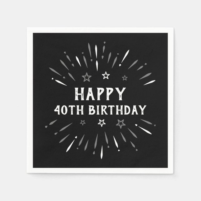 Lycklig 40:e födelsedagen Fireworks Black White Gr Pappersservett (Framsidan)