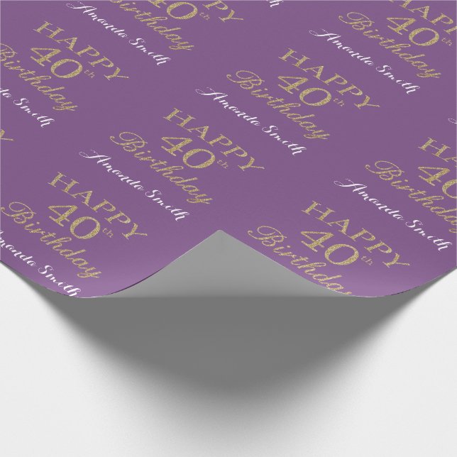 Lycklig 40:e födelsedagen Guld Glitter och Lila Presentpapper (Hörn)