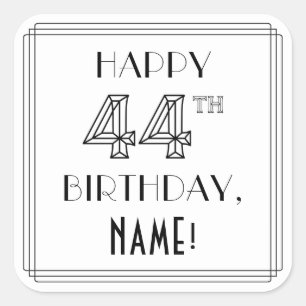 LYCKLIG 44:E BIRTHDAY, Art Deco Stil, anpassat nam Fyrkantigt Klistermärke