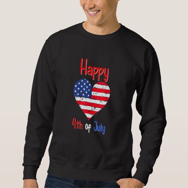 Lycklig 4:e juli Amerikanska Flagga Heart Lång Ärmad Tröja (Framsida)