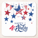 Lycklig 4:e juli Hanging Stars ID1103 Underlägg Papper Kvadrat<br><div class="desc">Denna skarpa pappra underlägg har en roligt Independence day-design av dekorativa röda, vita och blå stjärnor i en fin båge över vacker kalligrafi som lyder "Lycklig 4 juli". Perfekt för party och grillfester i svan grind när ni firar tillfälle. Sök i ID1103 om du vill se alla produkter som samordnar...</div>