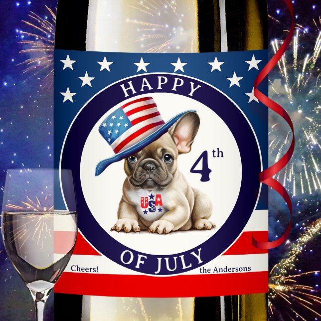 Lycklig 4:e juli Pug Vinflaska Etikett (Wine label featuring a bulldog or pug with American hat to celebrate 4th of July - stars and stripes)