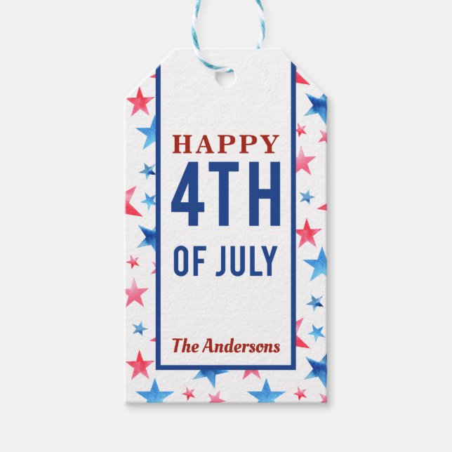 Lycklig 4:e juli: Röda blåa stjärnor Presentetikett (Framsidan)
