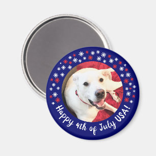 Lycklig 4:e juli USA Funny Smiling Hund Photo Blue Magnet