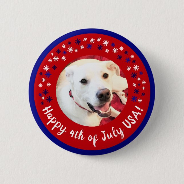 Lycklig 4:e juli USA Funny Smiling Hund Photo Knapp (Framsida)