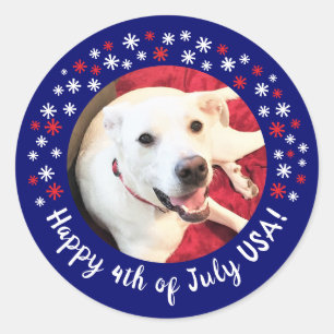 Lycklig 4:e juli USA Funny Smiling Hund Photo Runt Klistermärke