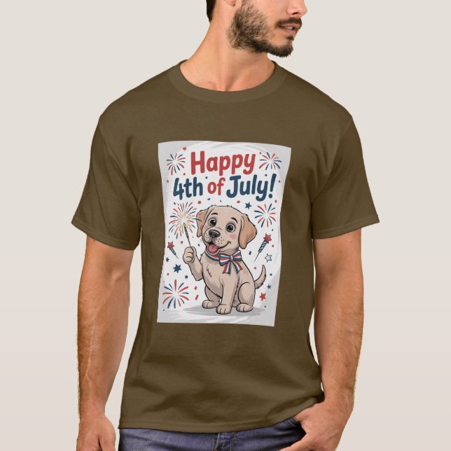 "Lycklig 4:e juli" Välkomlig Hund med Sparkler T Shirt (Framsida)