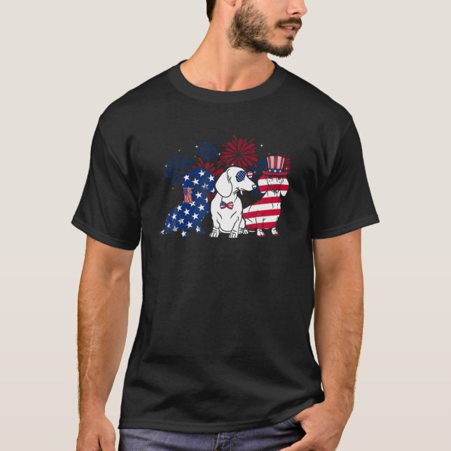Lycklig 4 juli 3 Blue White Dachshund Hund och T Shirt (Framsida)