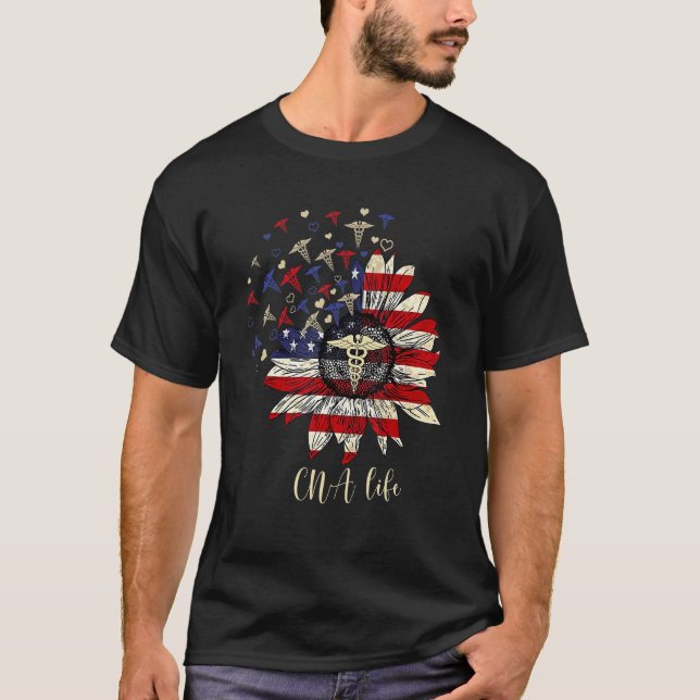 Lycklig 4 juli: Cna Life Nurse Crew Solros Ameri T Shirt (Framsida)