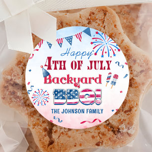 Lycklig 4 juli: Fireworks BBQ Party Sticker Runt Klistermärke