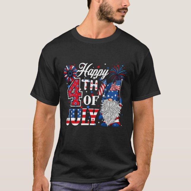 Lycklig 4 juli Gnomes Patriotic Rött vitt blått T Shirt (Framsida)