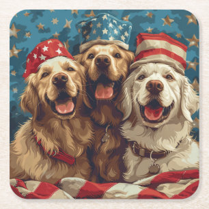 Lycklig 4 juli Golden Retriever Hundar Underlägg Papper Kvadrat