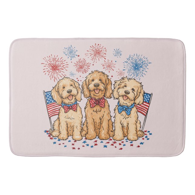 Lycklig 4 juli Goldendoodle Hundar Fireworks Badrumsmatta (Framsidan)