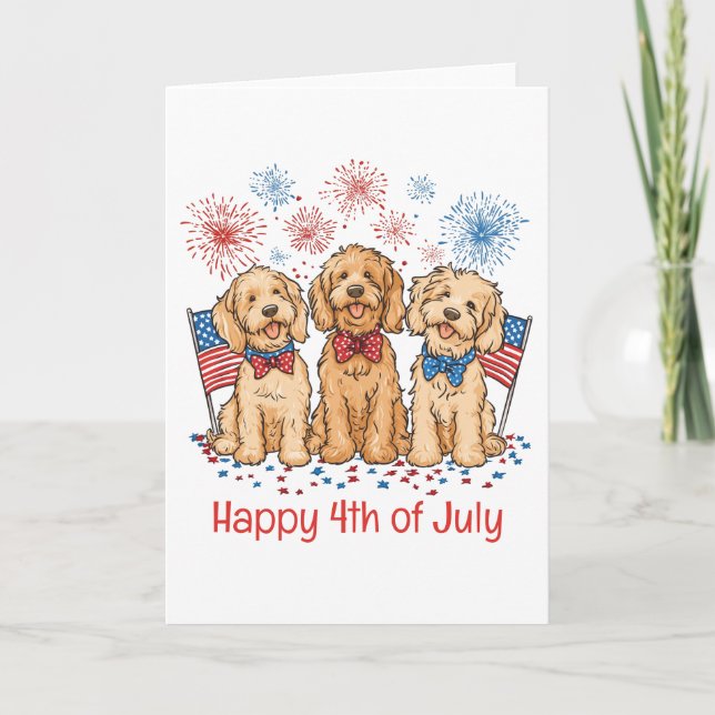 Lycklig 4 juli Goldendoodle Hundar Fireworks Helgkort (Framsida)