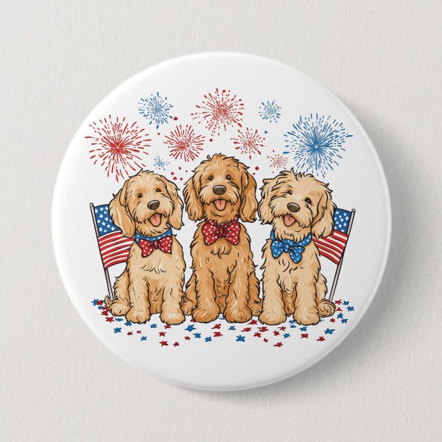 Lycklig 4 juli Goldendoodle Hundar Fireworks Knapp (Framsida)