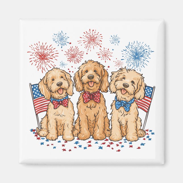 Lycklig 4 juli Goldendoodle Hundar Fireworks Magnet (Framsidan)