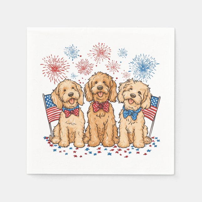 Lycklig 4 juli Goldendoodle Hundar Fireworks Pappersservett (Framsidan)