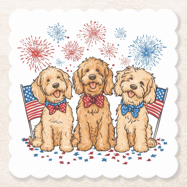 Lycklig 4 juli Goldendoodle Hundar Fireworks Underlägg Papper (Framsida)
