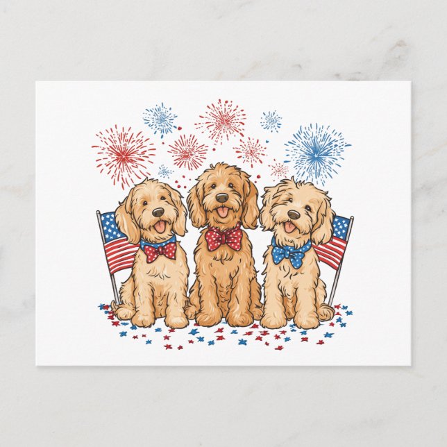 Lycklig 4 juli Goldendoodle Hundar Fireworks Vykort (Framsida)