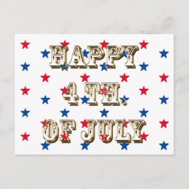 Lycklig 4 juli, guld, rött vitt blått stjärnor vykort