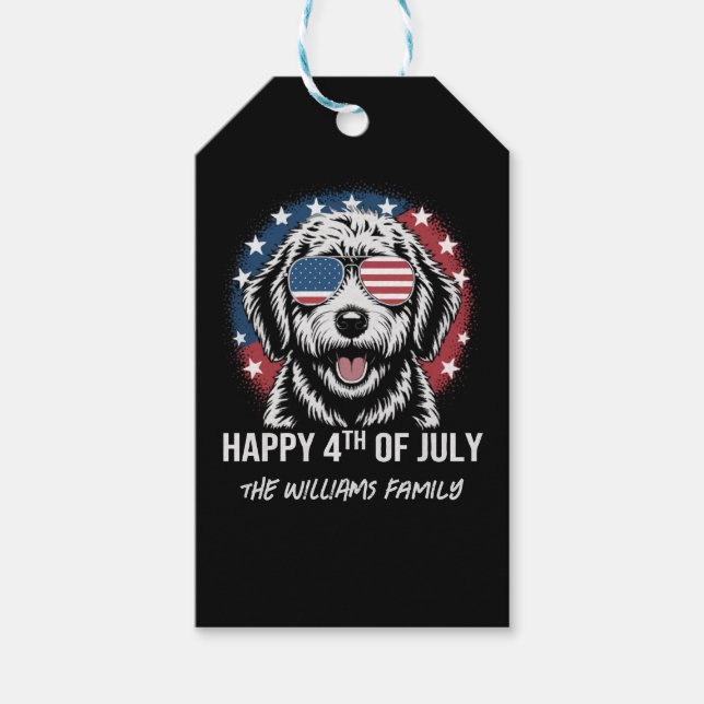 Lycklig 4 juli - Lilla Patriotic Hund Sticker Presentetikett (Framsidan)
