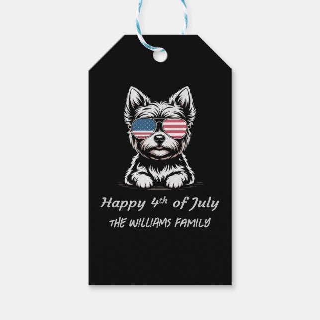 Lycklig 4 juli - Lilla Patriotic Hund Sticker Presentetikett (Framsidan)