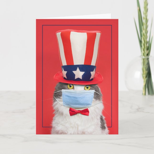 Lycklig 4 juli: Patriotic Cat i Ansikte Mask Helgkort (Framsida)