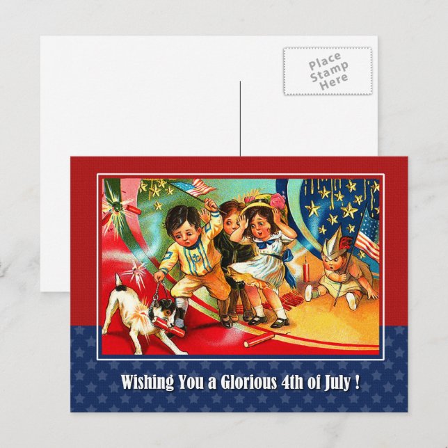 Lycklig 4 juli. Vintage Kids Vykort (Fram/baksida)