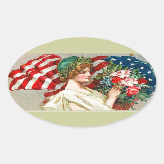 Lycklig 4 juli. Vintage Patriotic Design Ovalt Klistermärke