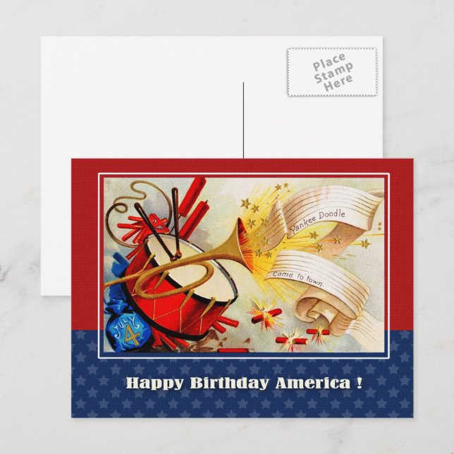 Lycklig 4 juli. Vintage Patriotic Design Vykort (Fram/baksida)