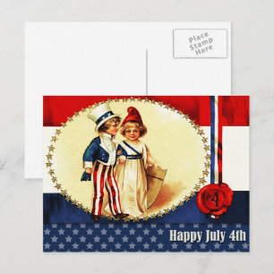 Lycklig 4 juli. Vintage Patriotic Kids Vykort