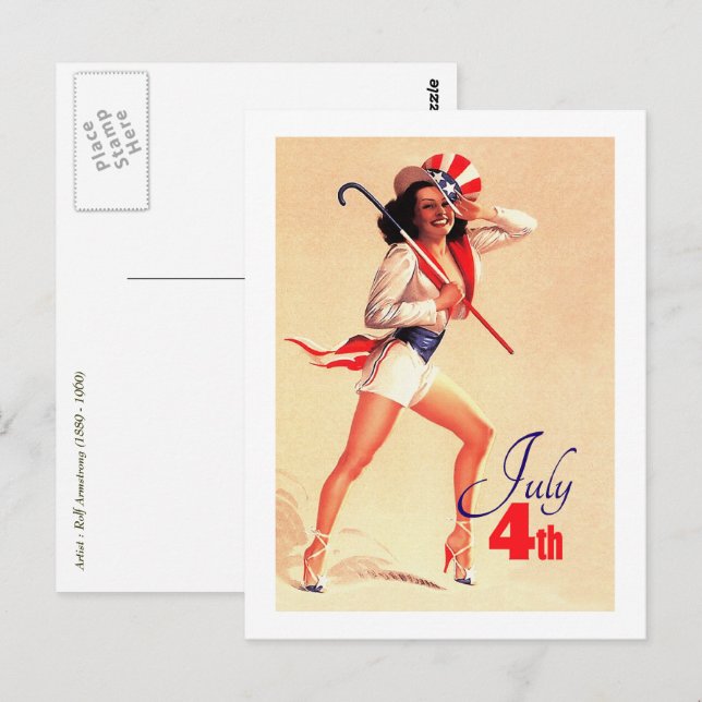 Lycklig 4 juli. Vintage Pin-up Vykort (Fram/baksida)