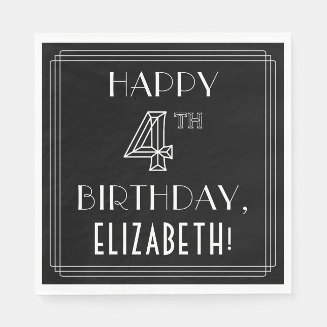 LYCKLIG 4E FÖDELSEDAGEN; Art Deco Stil; Anpassat n Pappersservett (Framsidan)