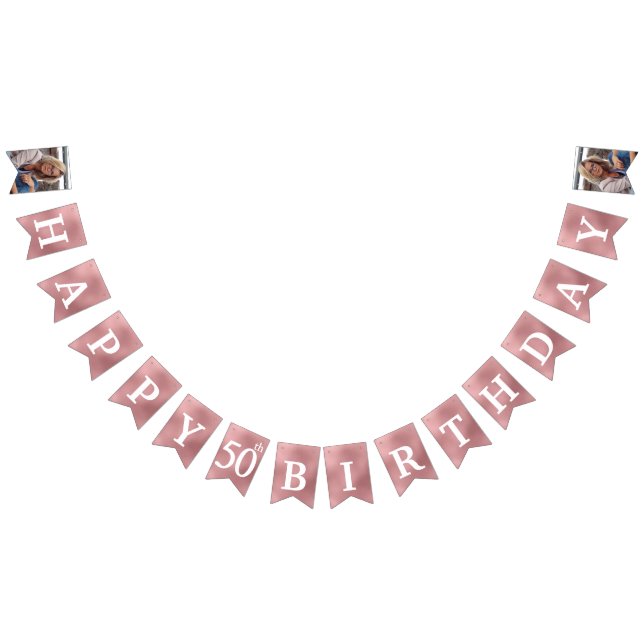 Lycklig 50-årsdag Foto Rosa Guld Folie Vimplar (Alla)