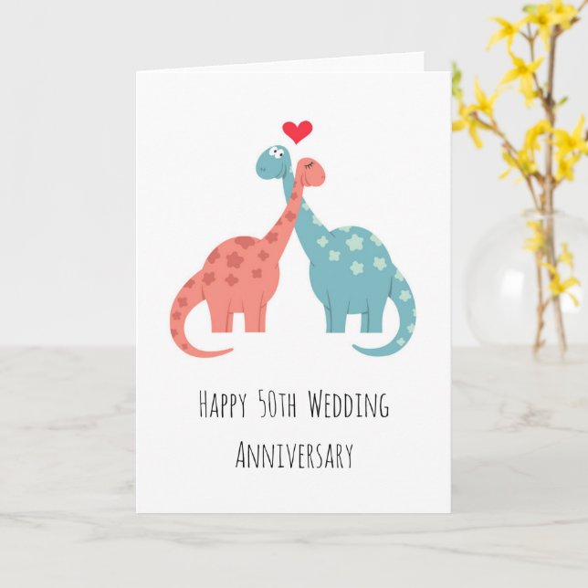 Lycklig 50:e Bröllop-årsdagen Cute Dinosaurs Kort (Gul blomma)